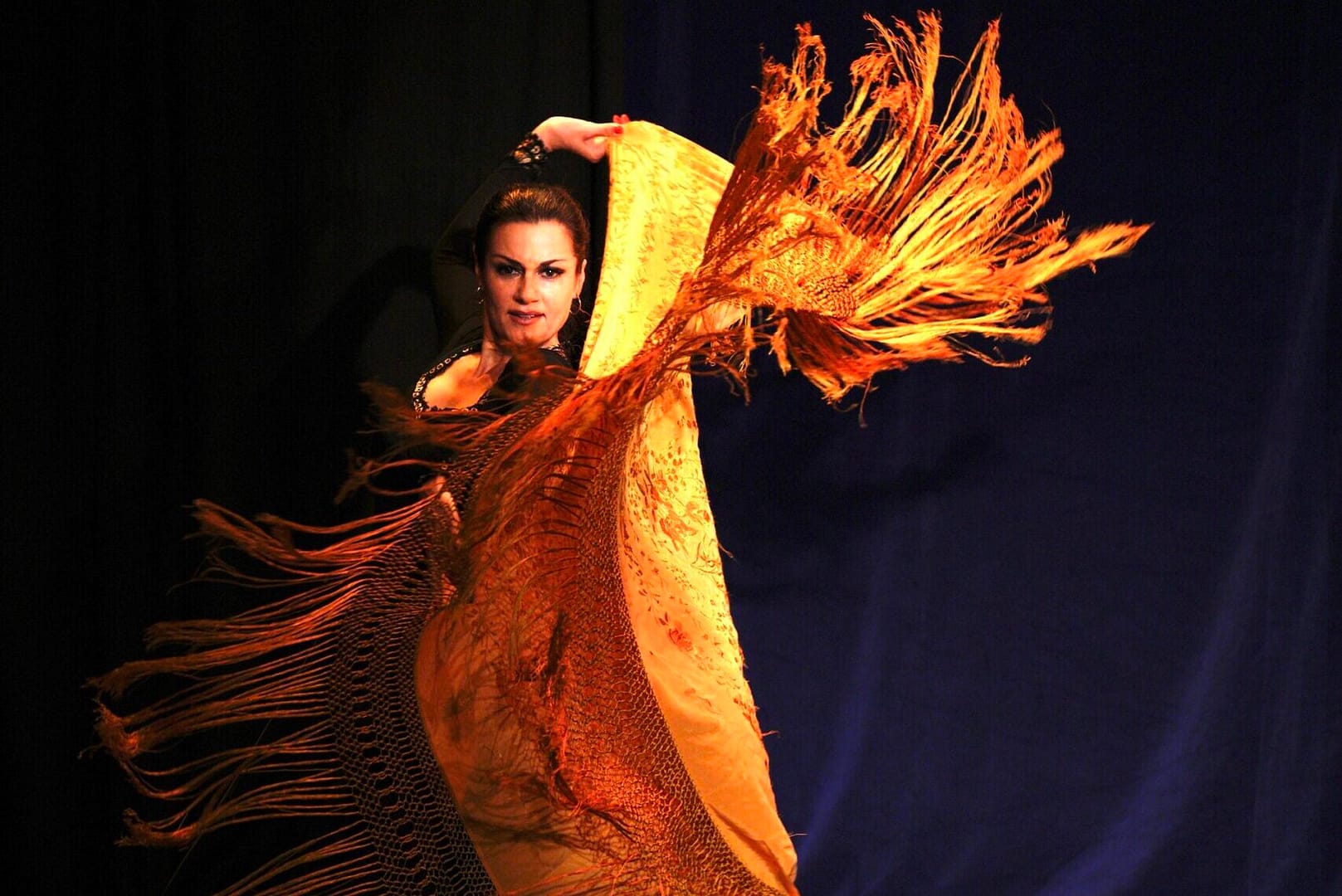 Dancer Aylin Bayaz looks directly into the camera as she lifts one arm above her hand, holding onto the golden tasseled bottom fabric of her dress. Her black hair is slicked back. She looks both triumphant and joyful. 