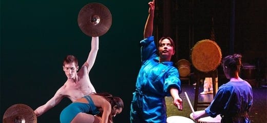 Two different performance photos split the image. On the right side, a person stands with their back to the camera facing a Taiko drum that they are playing on a stage next to a person dancing. They wear matching turquoise jumpsuits. There are more drums in the background. The image on the left shows a dancer with orange legwarmers standing in a second position lunge, holding cymbals with arms outstretched overhead. Another dancer in a blue leotard crouches in front of them.
